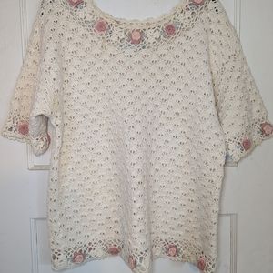 Vintage Hand Knit Lace Sweater In Cream & Pink